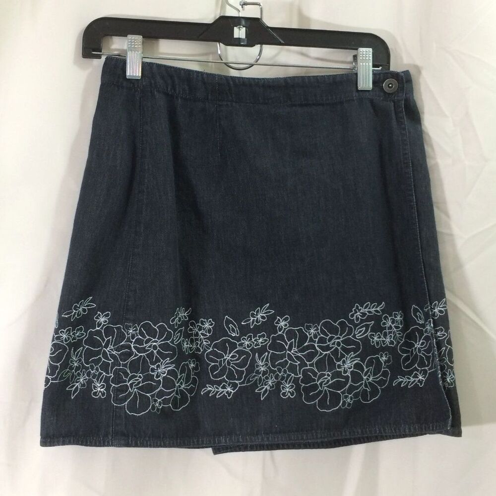 Liz Claiborne Lizwear Y2K Denim Wrap Skort Embroidered Floral Cotton Size 8